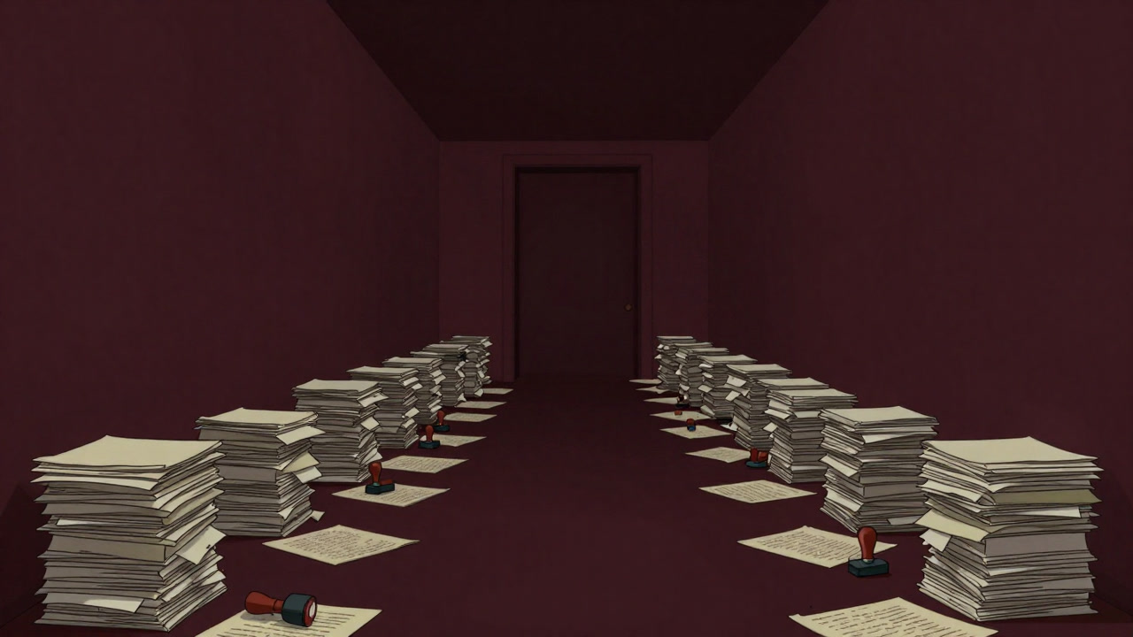 Image showing a hallway of a government office with stamps and piles of documents.