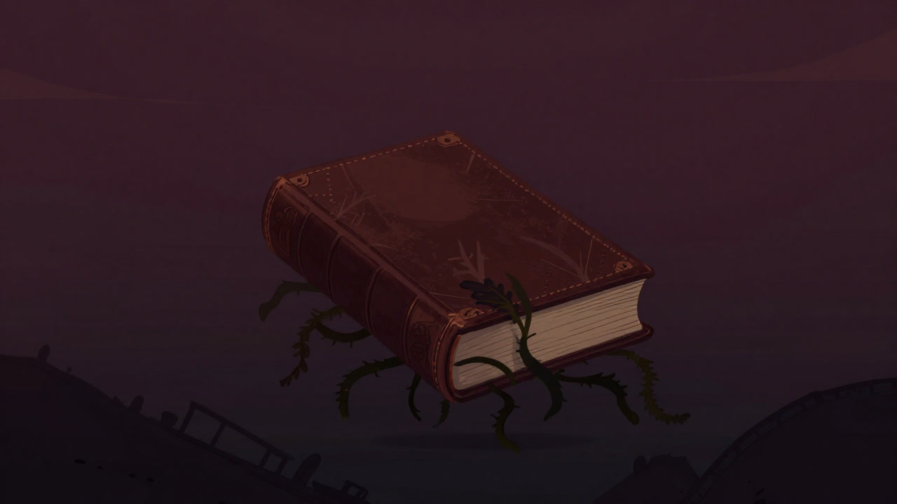 Image of an ancient law book sinking to the ocean floor entangled in seaweed