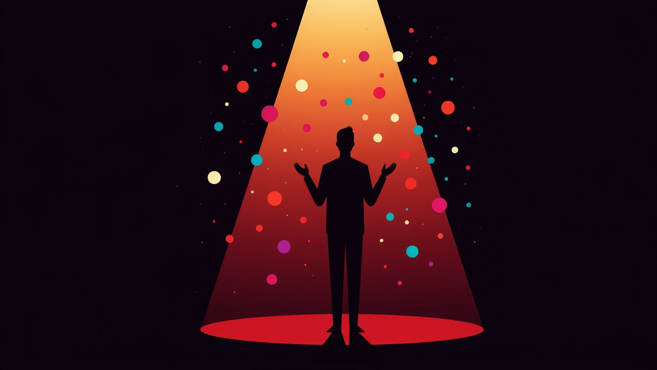 An abstract silhouette receiving applause under a spotlight