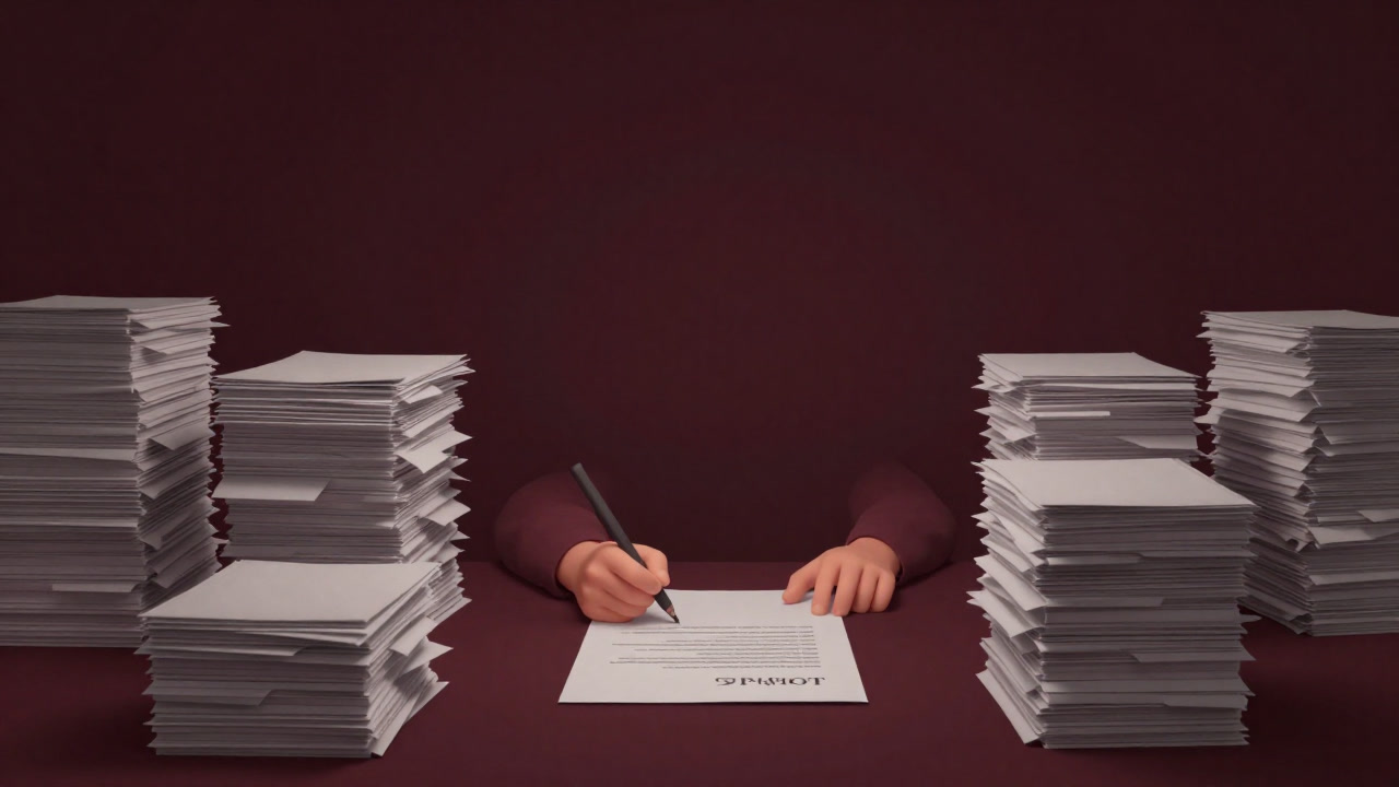 役所の書類の山を背景に、署名する養子の手が映るイラスト