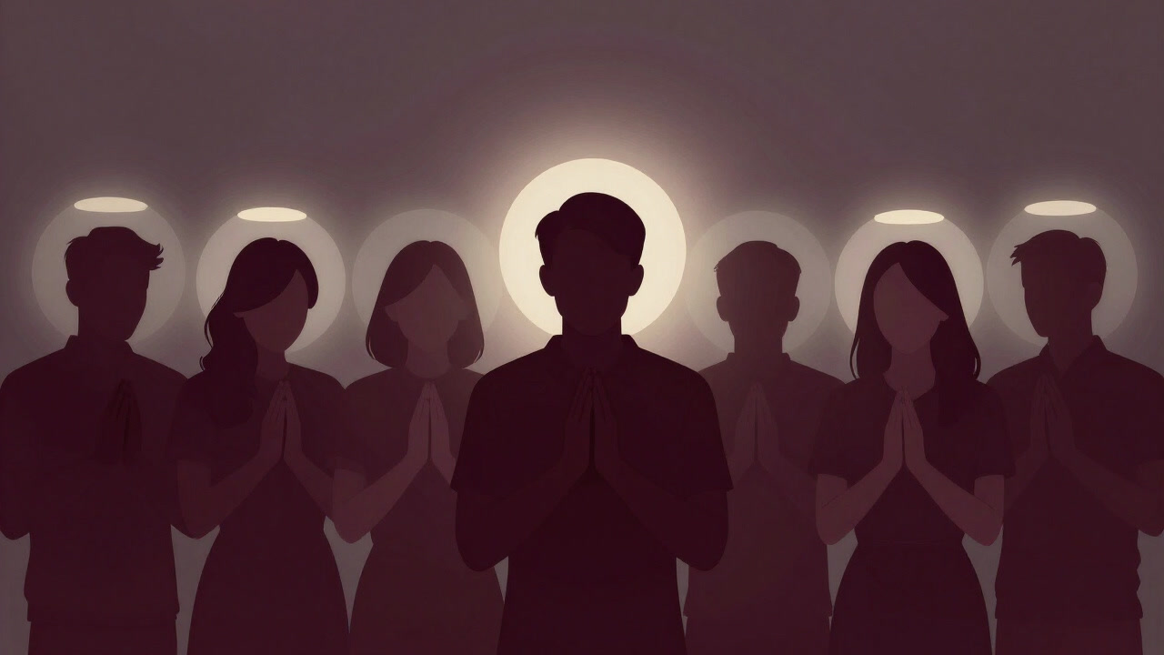Silhouette of people with clasped hands reciting prayers, bathed in soft light in the background.