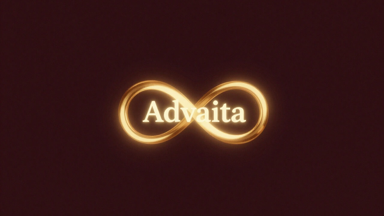 An image featuring the word 'Advaita' floating within a golden ring symbolizing infinity, bathed in light.