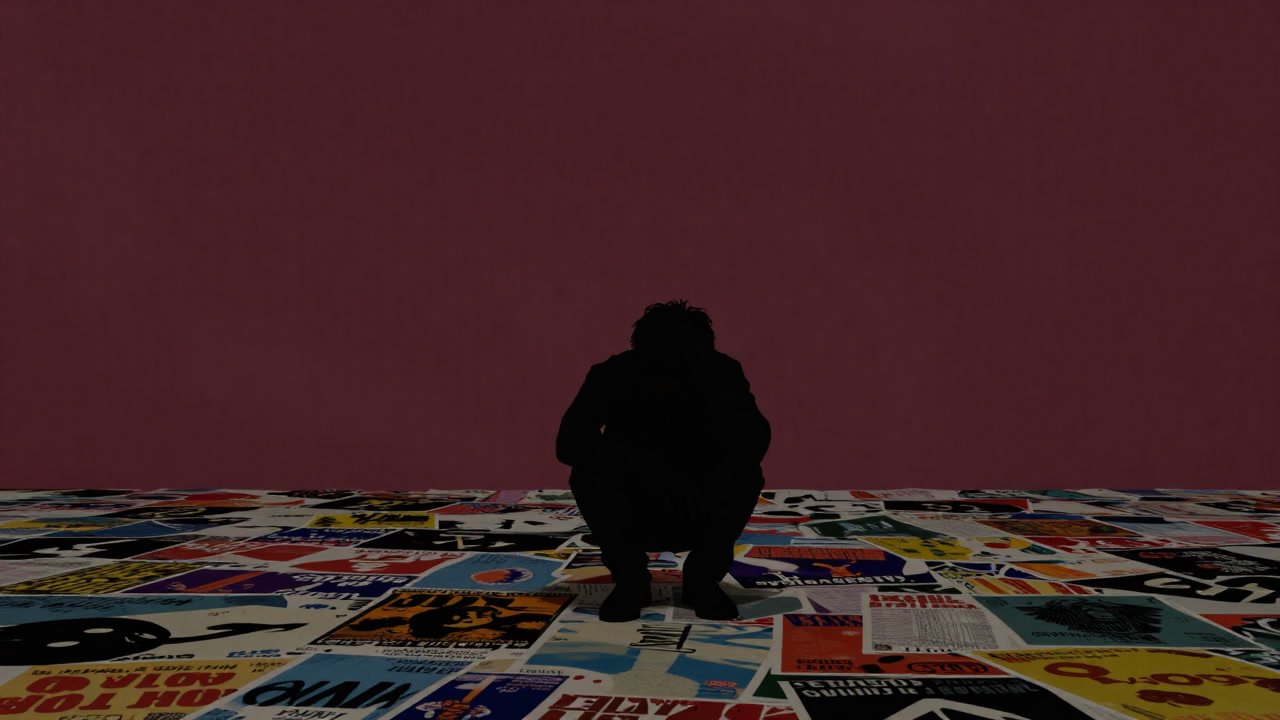 Silhouette of a consumer crouching surrounded by countless posters and banners