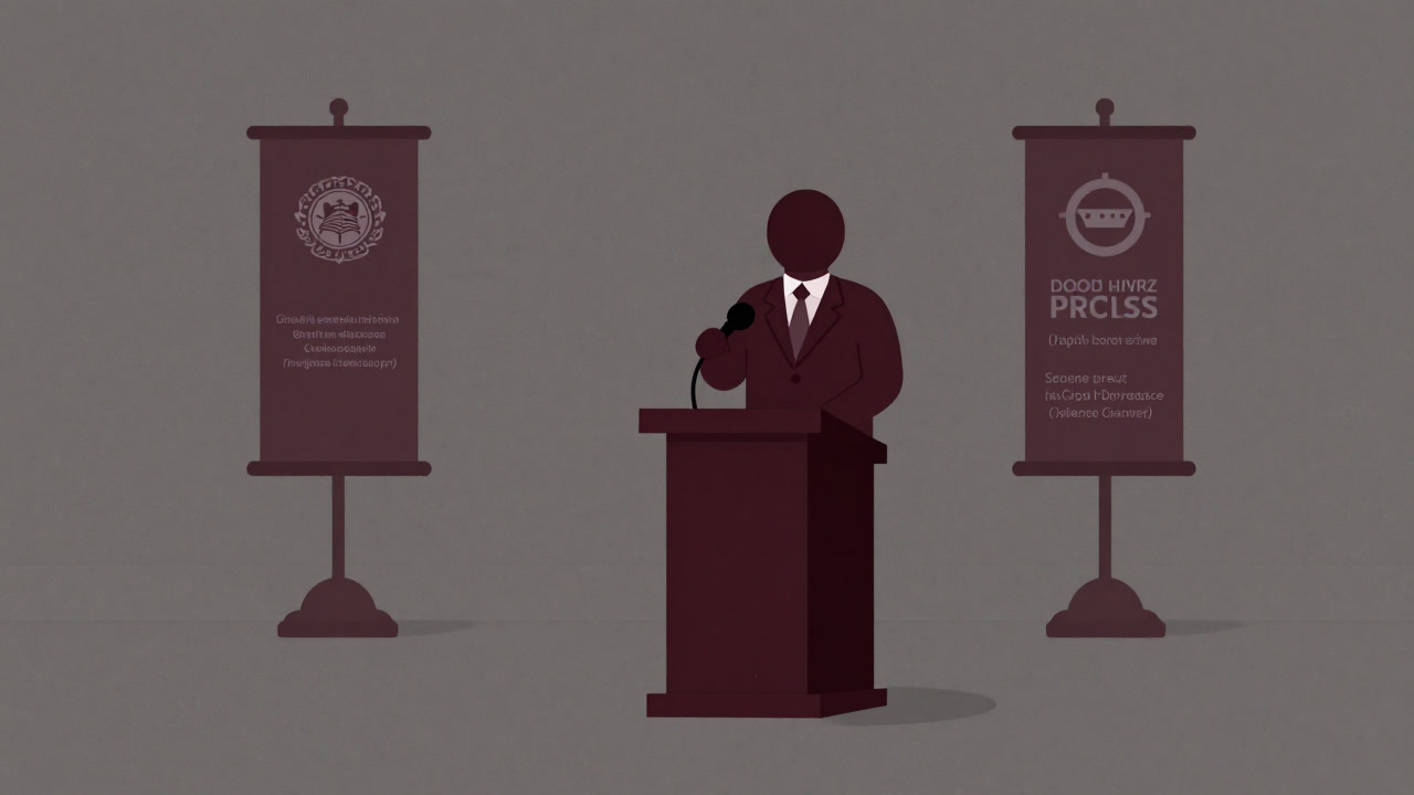 Illustration of a symbolic character of advocacy gripping a microphone on a podium, delivering a fiery speech