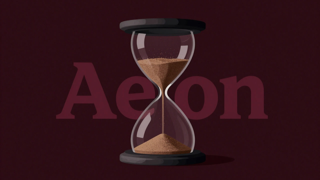 永遠を示す無数の砂粒が落ち続ける砂時計を背景に、静かに微笑むアイオーンの文字。