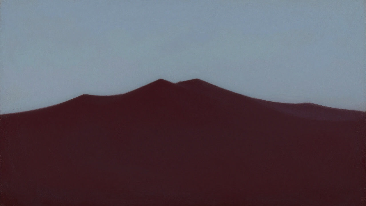 A section of a painting showing faint mountains emerging behind a pale blue haze.