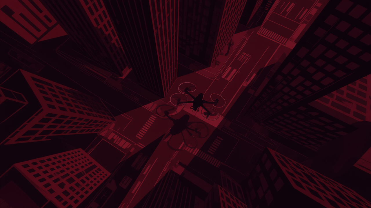The silhouette of a drone’s wing attempting an overhead view through gaps between skyscrapers