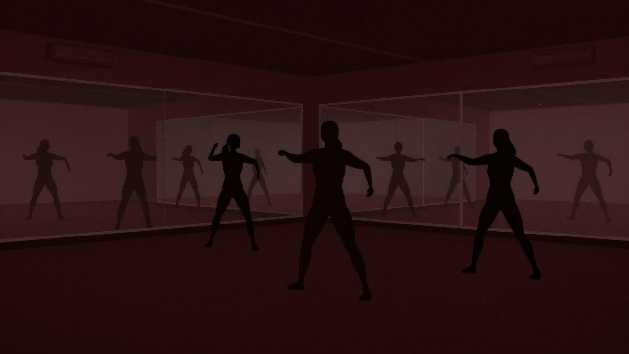 Silhouettes of people lined up before a mirror desperately performing steps.