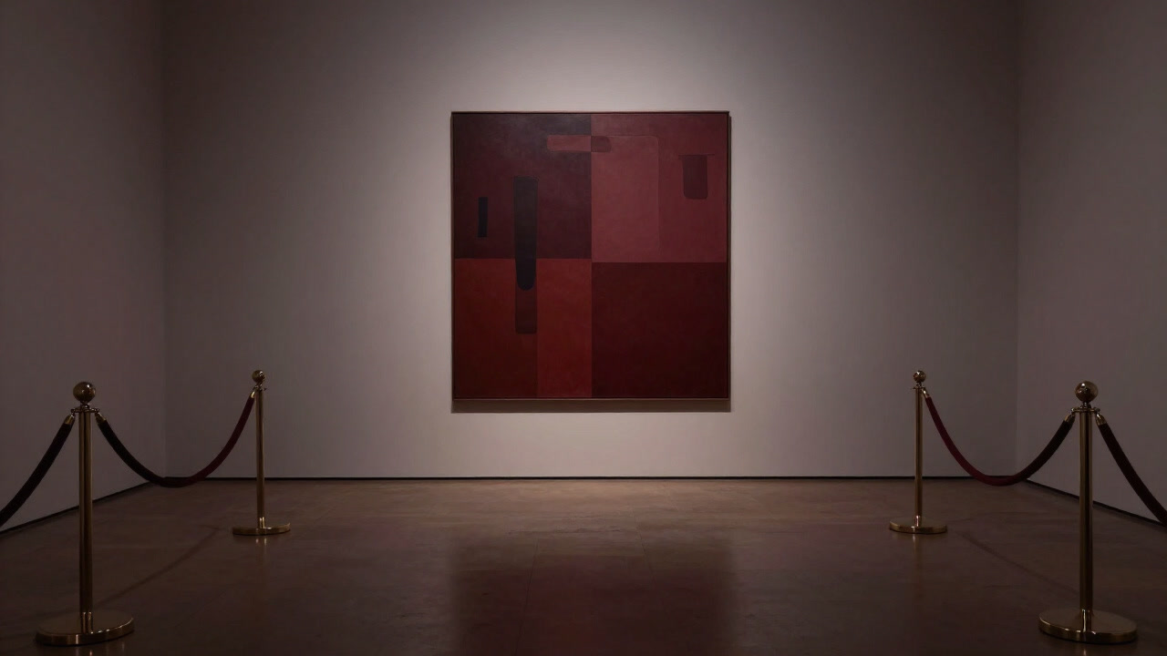 An abstract artwork symbolizing the phantom of aesthetics floating in an empty gallery surrounded by velvet ropes.