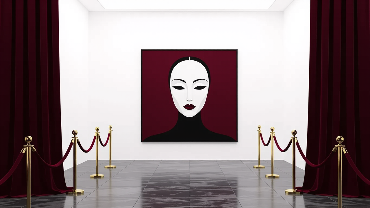An abstract artwork symbolizing the phantom of aesthetics floating in an empty gallery surrounded by velvet ropes.
