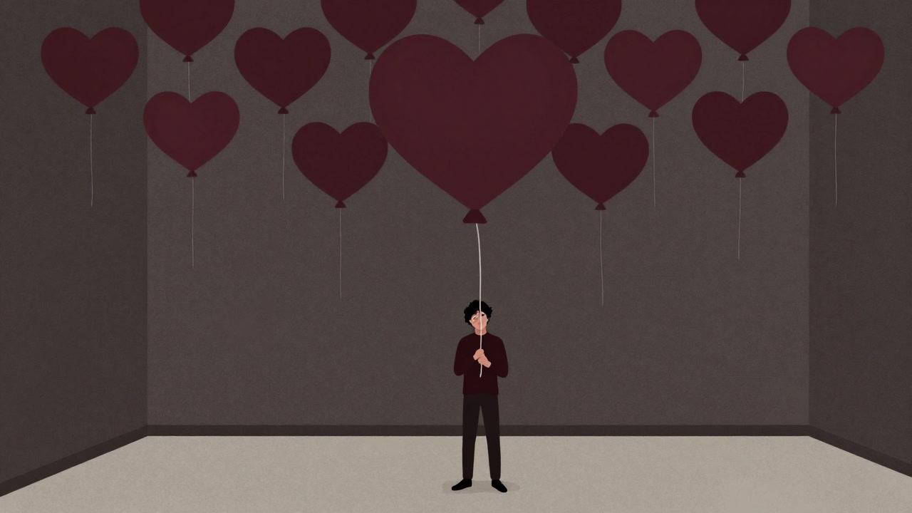 Illustration of a person in a room floating with countless heart-shaped balloons, unable to let go of a few strings