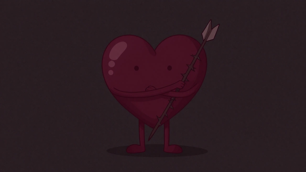 An image of a heart-shaped character hugging itself while grasping a thorny arrow, pretending to be embraced by love.