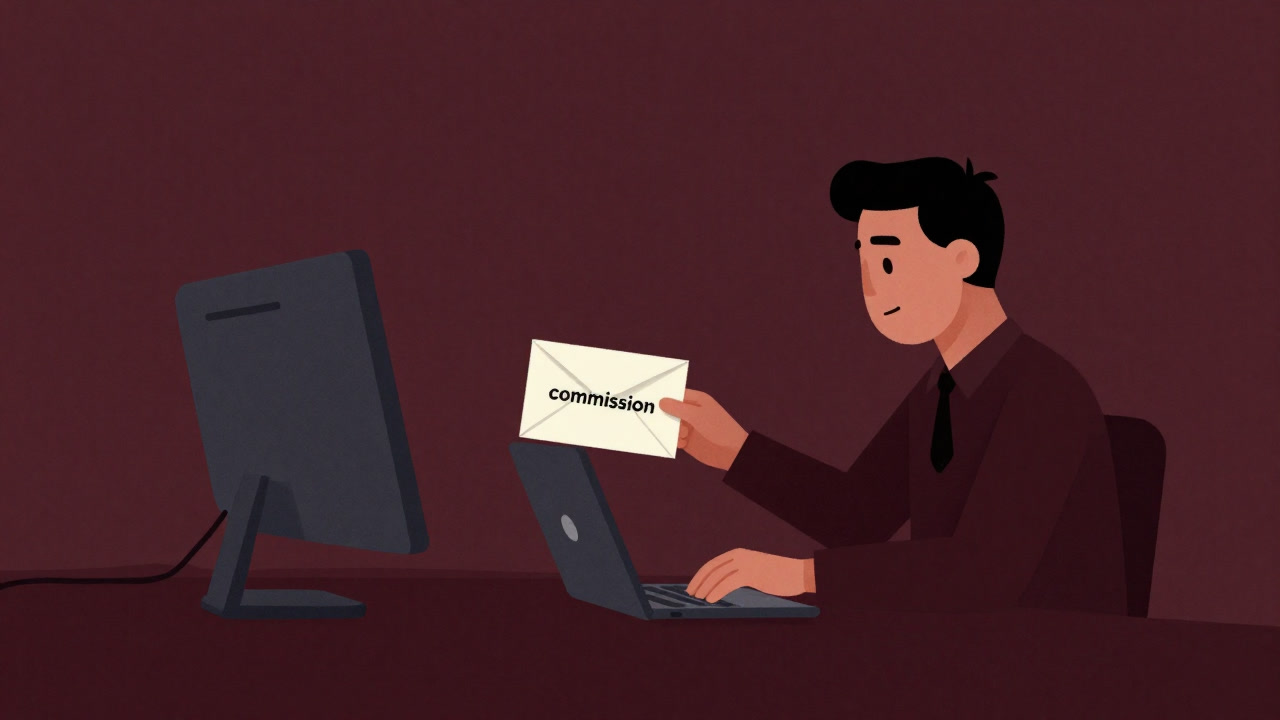 Illustration of a computer surrounded by countless hyperlinks, attempting to hand over a commission envelope