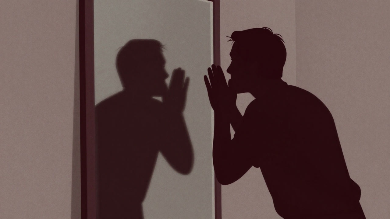 Silhouette of a person praising themselves in front of a mirror, whispering to the void