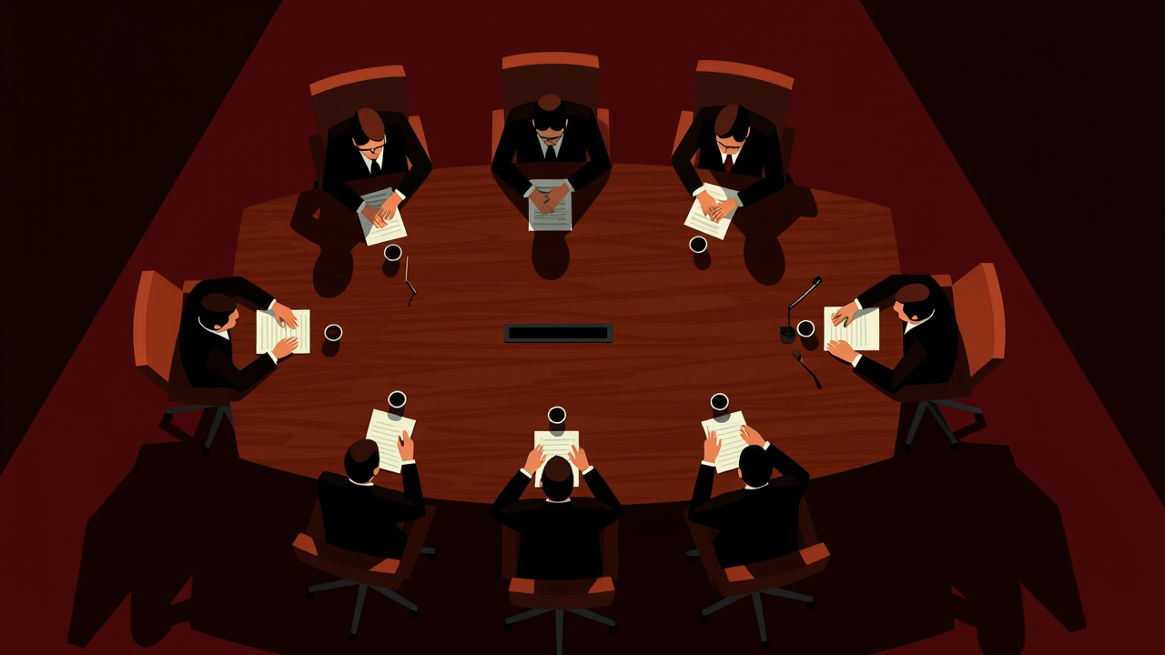 Illustration of a conference room table viewed from above, with people's shadows arranged unevenly.