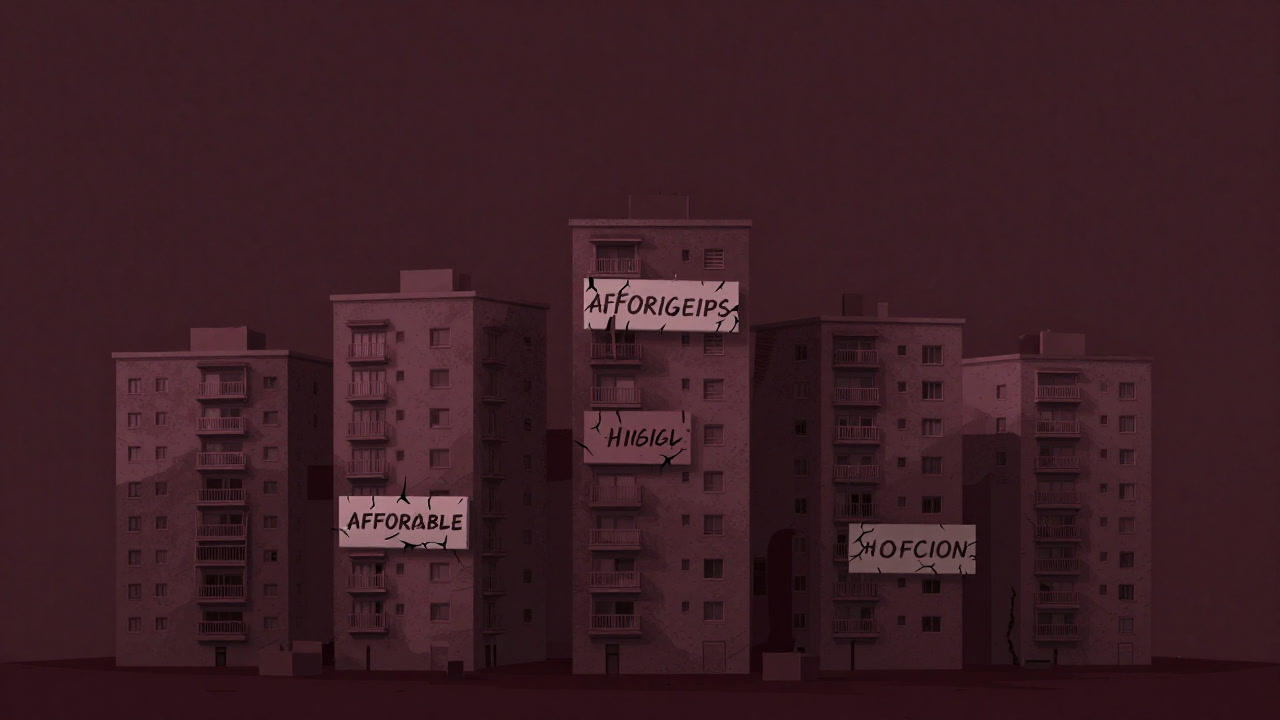 市街地の隙間にひっそり建つ、塗装の剥がれたアパート群を俯瞰で捉えた画像