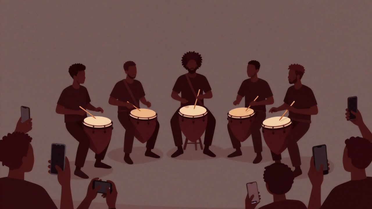 Illustration of Afrobeat performers playing drums like hearts, with a sea of audience smartphones in the background