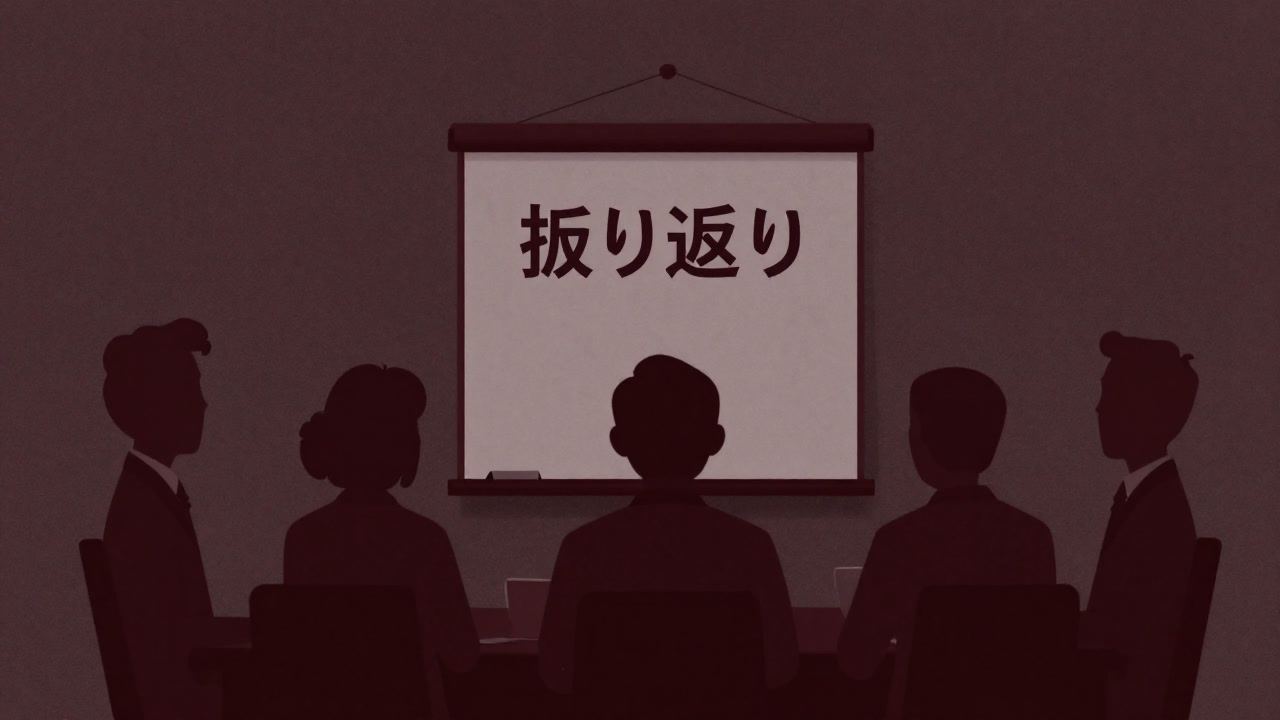 張りつめた会議室で“振り返り”と書かれたボードを呆然と見つめる参加者たちのシルエット