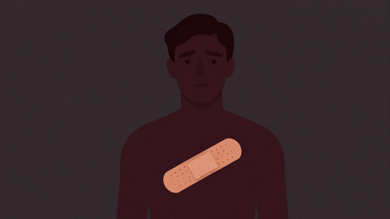 傷跡を絆創膏で隠しながら心ここにあらずな表情を浮かべる人のイラスト