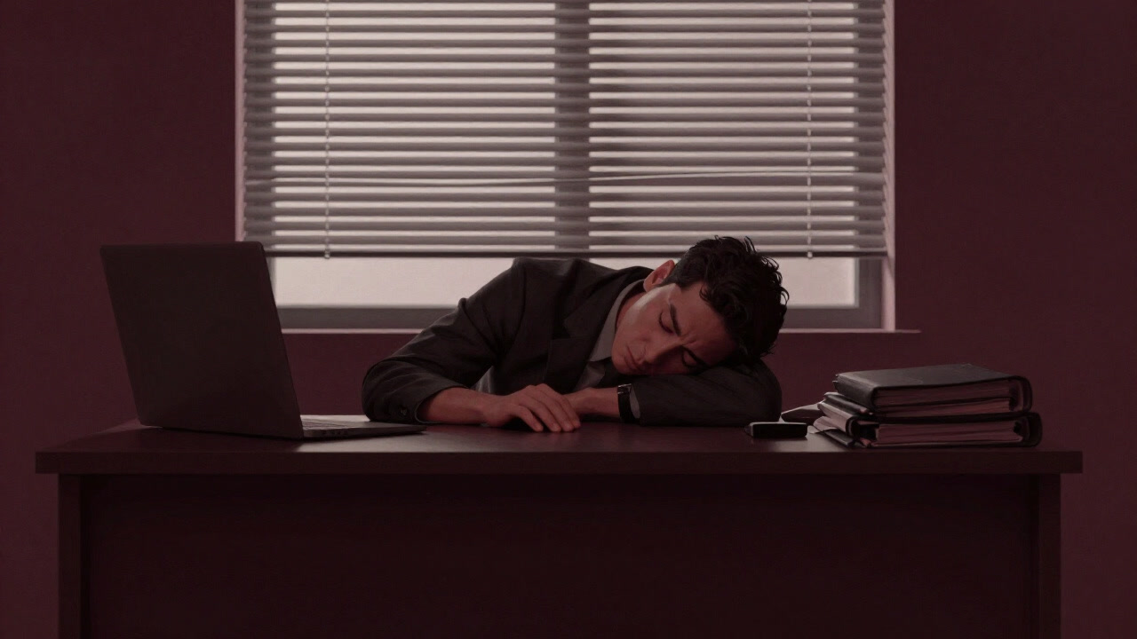 Silhouette of an employee slumped at a desk by the window, too heavy eyelids to even open.