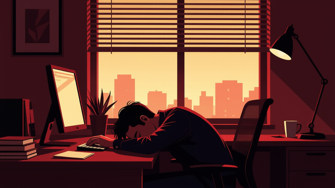 Silhouette of an employee slumped at a desk by the window, too heavy eyelids to even open.