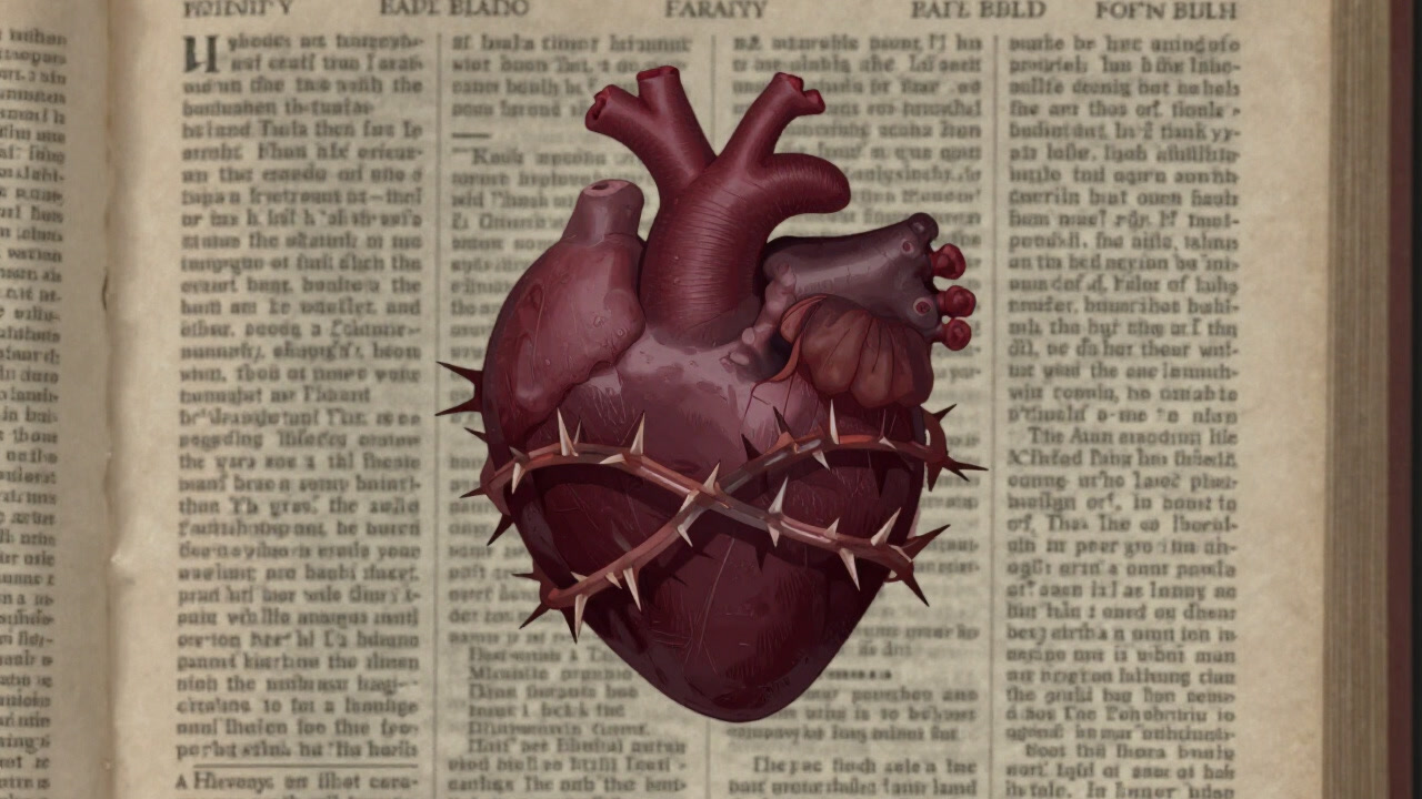 古びた聖書のページに描かれたハートと茨が絡み合う、皮肉な雰囲気のイラスト