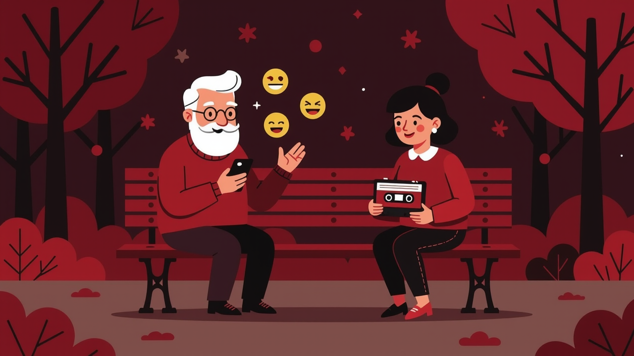 An age-gap couple sitting on a park bench, one showing a smartphone gesture and the other holding a retro cassette, illustrating generational difference.