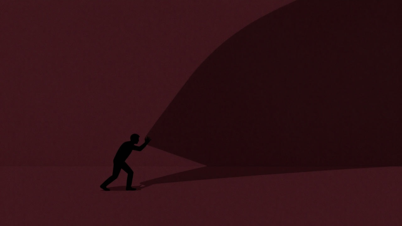 自分の意思を示そうとする人間のシルエットが、巨大な影（社会的圧力）に押しつぶされそうになっているイラスト