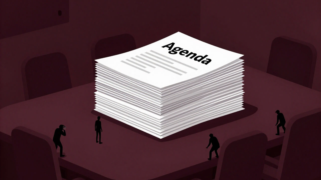 会議室のテーブルに置かれた、何の意味もなさそうな紙の山「アジェンダ」が写っている