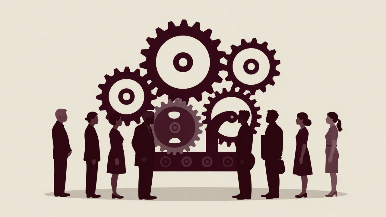 Illustration of silhouettes of aging people forming rows as huge gears in society