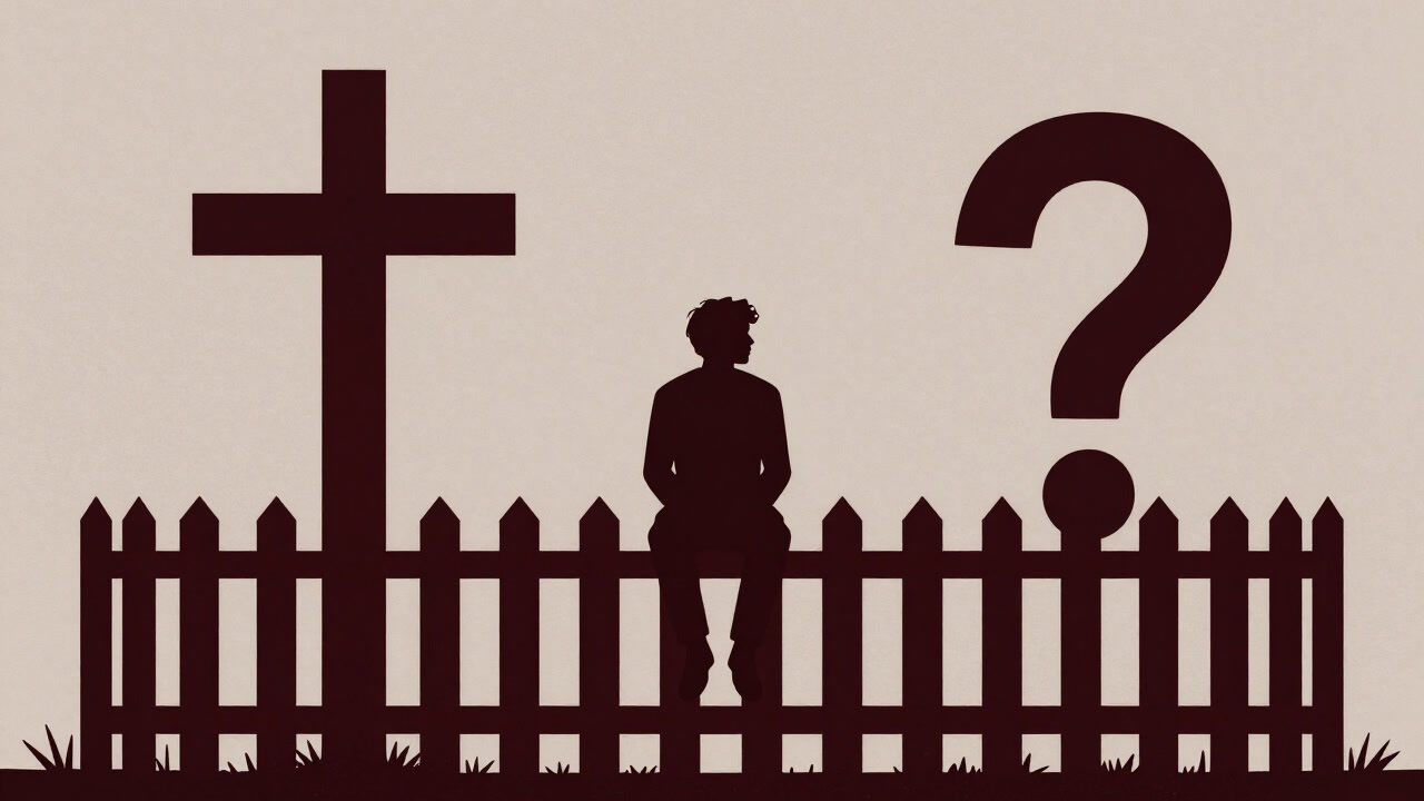 Silhouette of a person sitting on a fence between a cross and a question mark, avoiding commitment