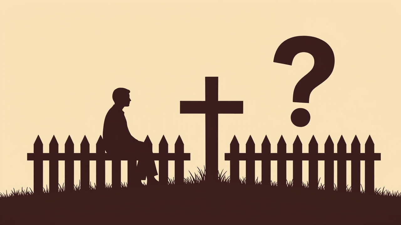 Silhouette of a person sitting on a fence between a cross and a question mark, avoiding commitment