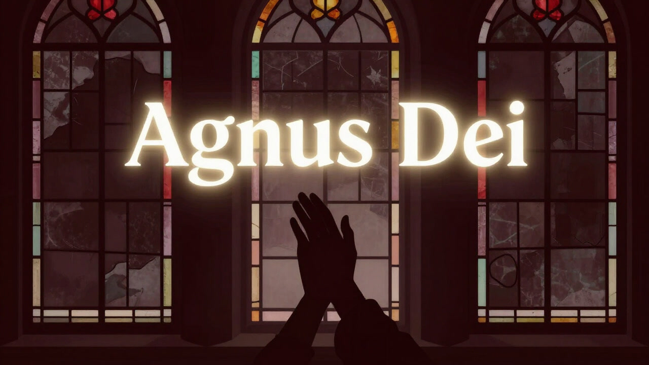 ステンドグラスに反射して虹のように浮かび上がるアニュス・デイの文字を背景に、手を合わせる影絵の写真