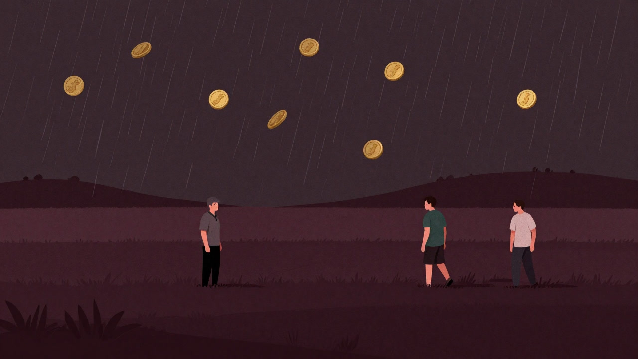 Farmers stand bewildered in a field soaked by metaphorical subsidy rain