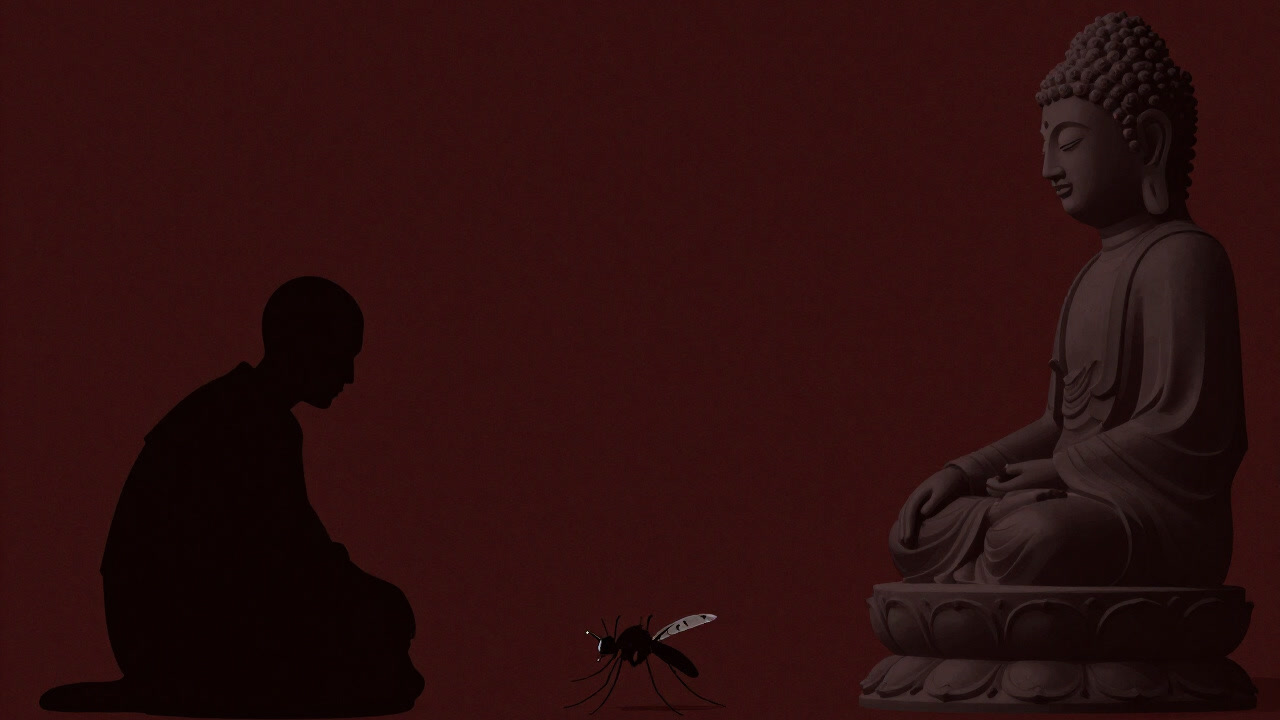 Silhouette of a monk staring intently at a mosquito at the foot of a Buddha statue.