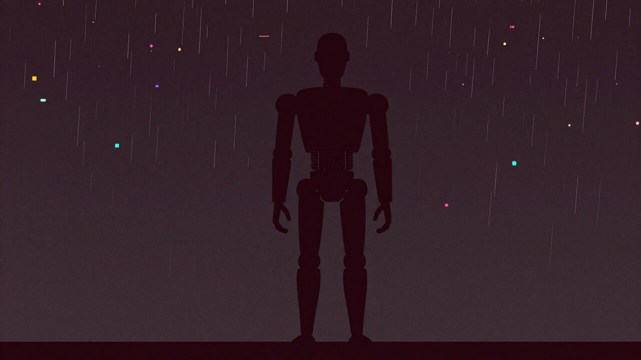 Silhouette of a robot standing expressionless amidst a storm of abstract pixels