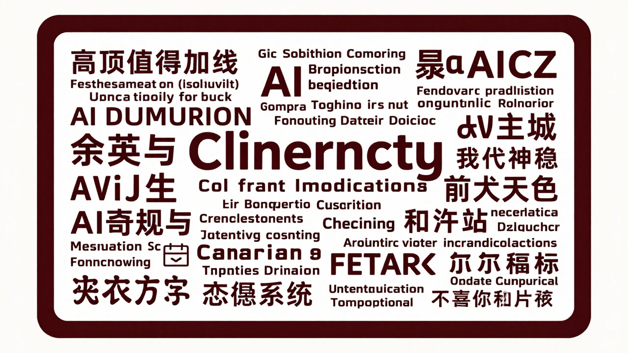 会議室のスライドに大量のAI専門用語が散りばめられた光景を俯瞰で捉えた画像