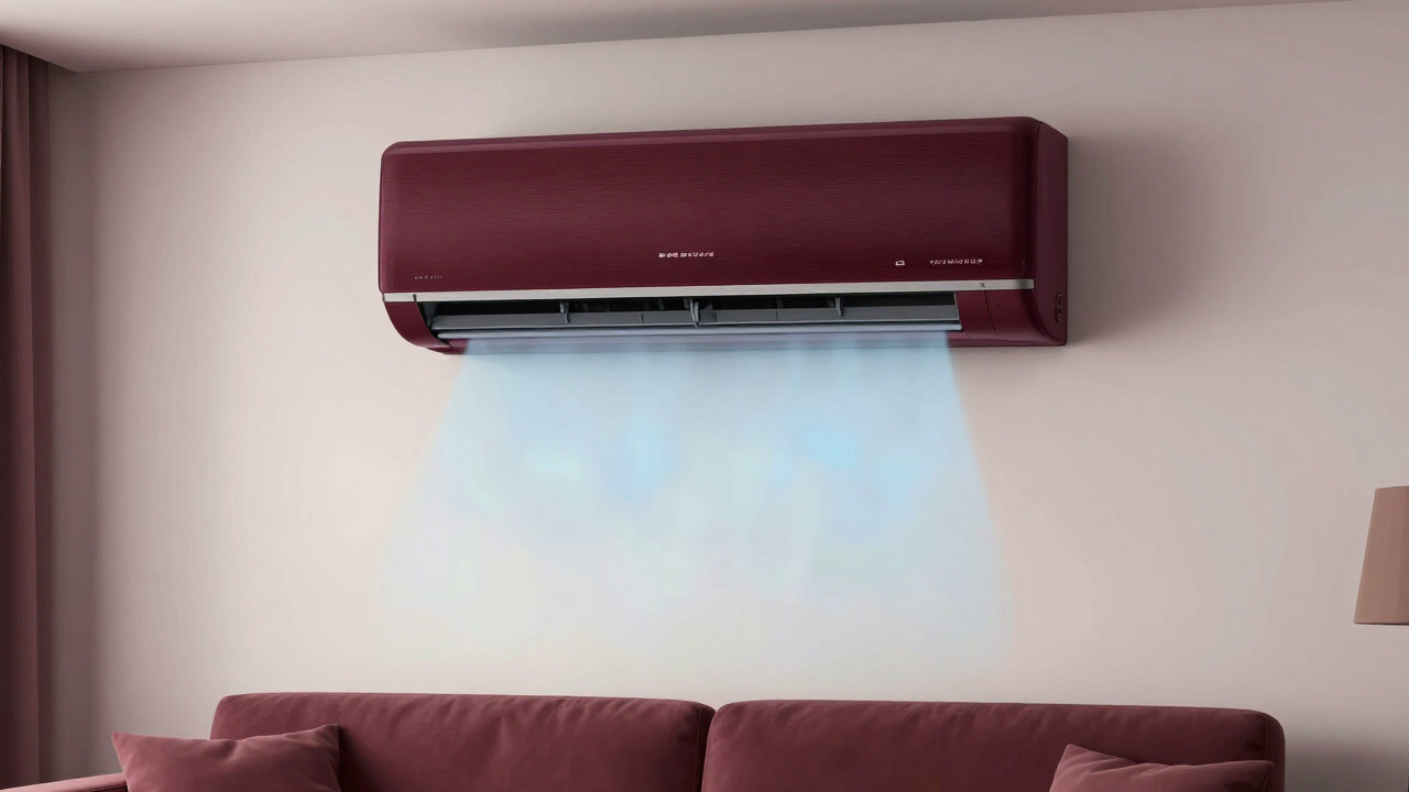 壁掛け型エアコンが無表情で静かに稼働し、涼しい風を送り出す部屋の様子