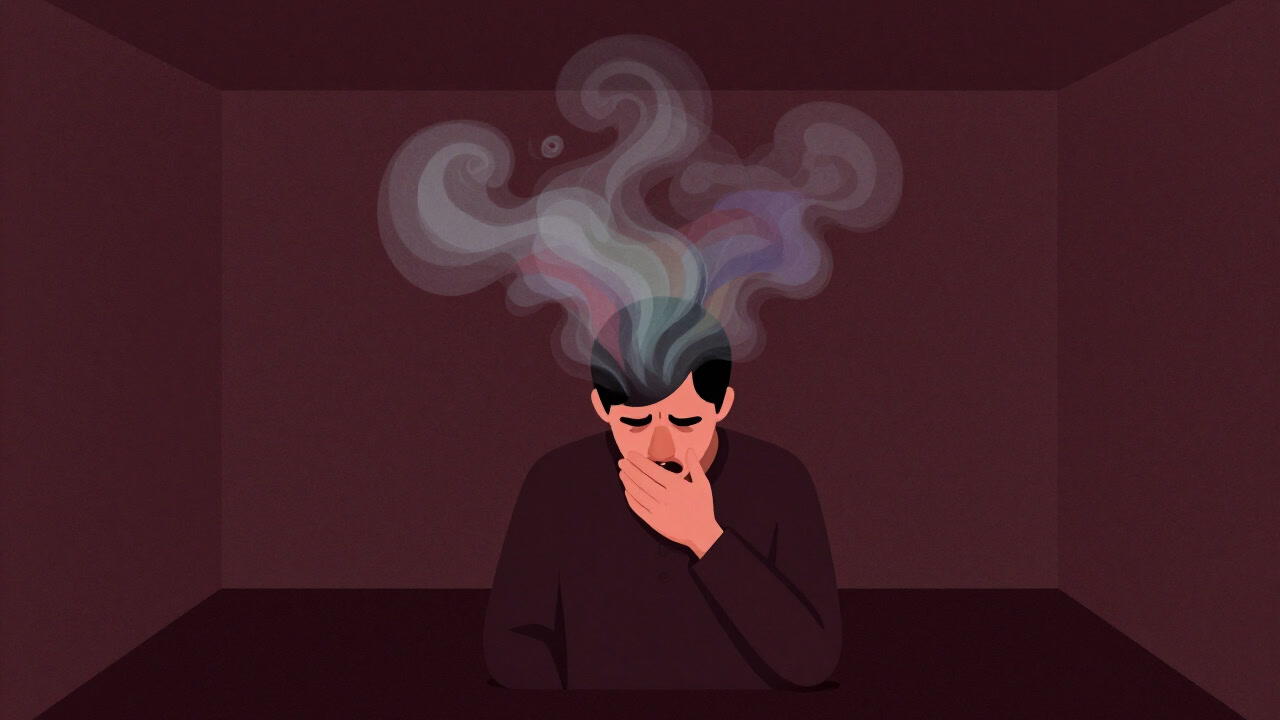 Silhouette of a person choking in a room filled with overwhelming artificial scent.