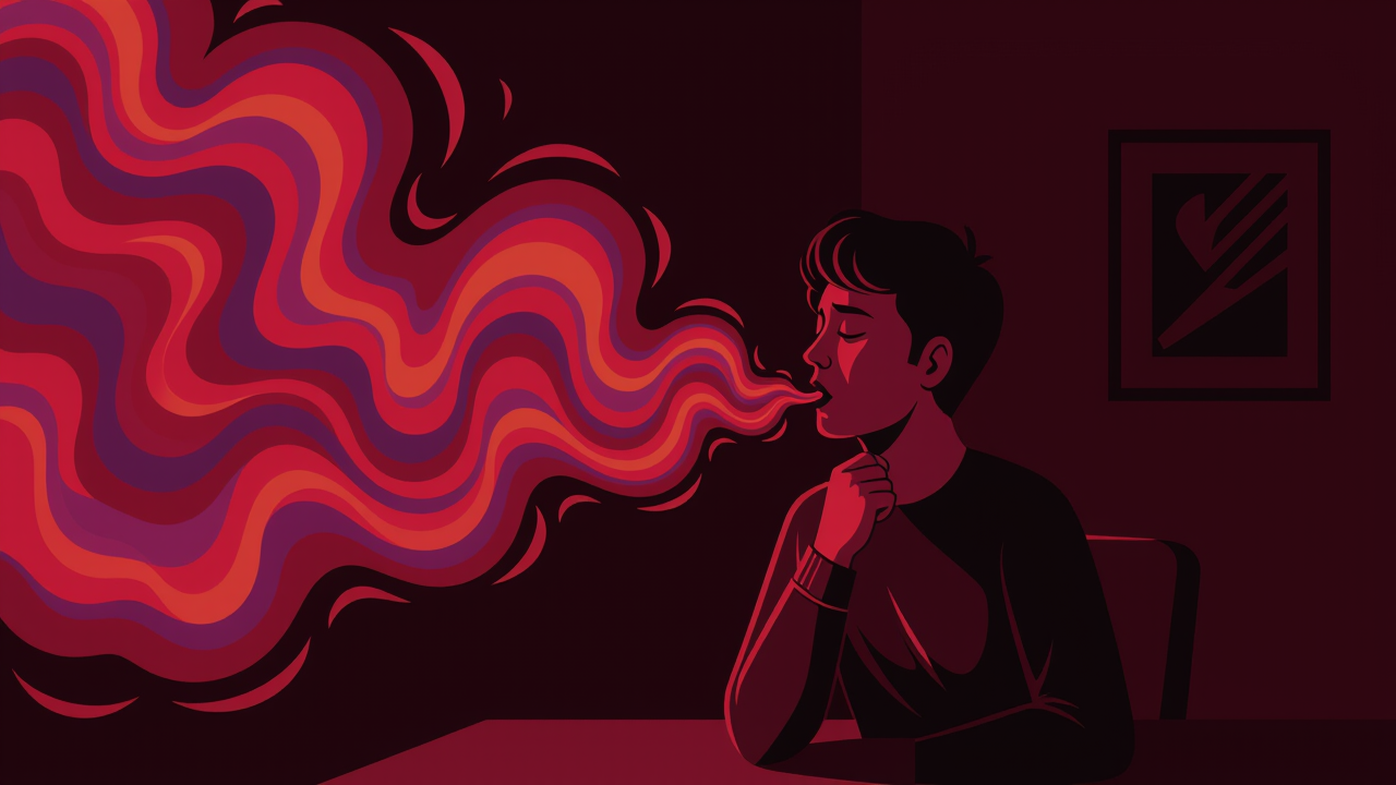 Silhouette of a person choking in a room filled with overwhelming artificial scent.