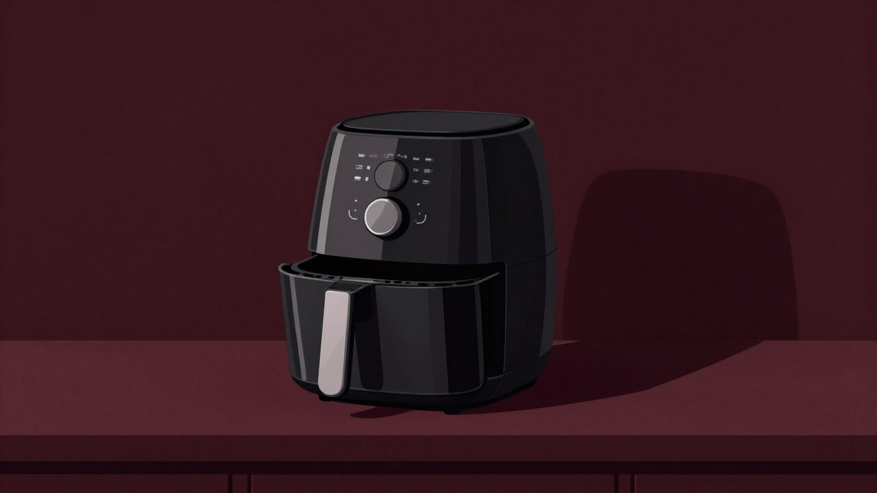 エアフライヤーがキッチンの片隅で威圧的に鎮座し、好奇心をそそる不気味な存在感を放つ画像