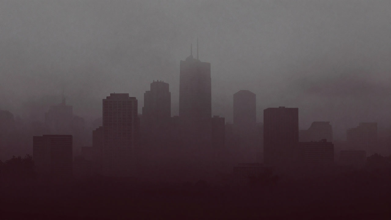 灰色のスモッグに包まれた都市のシルエットがぼんやり浮かぶ画像