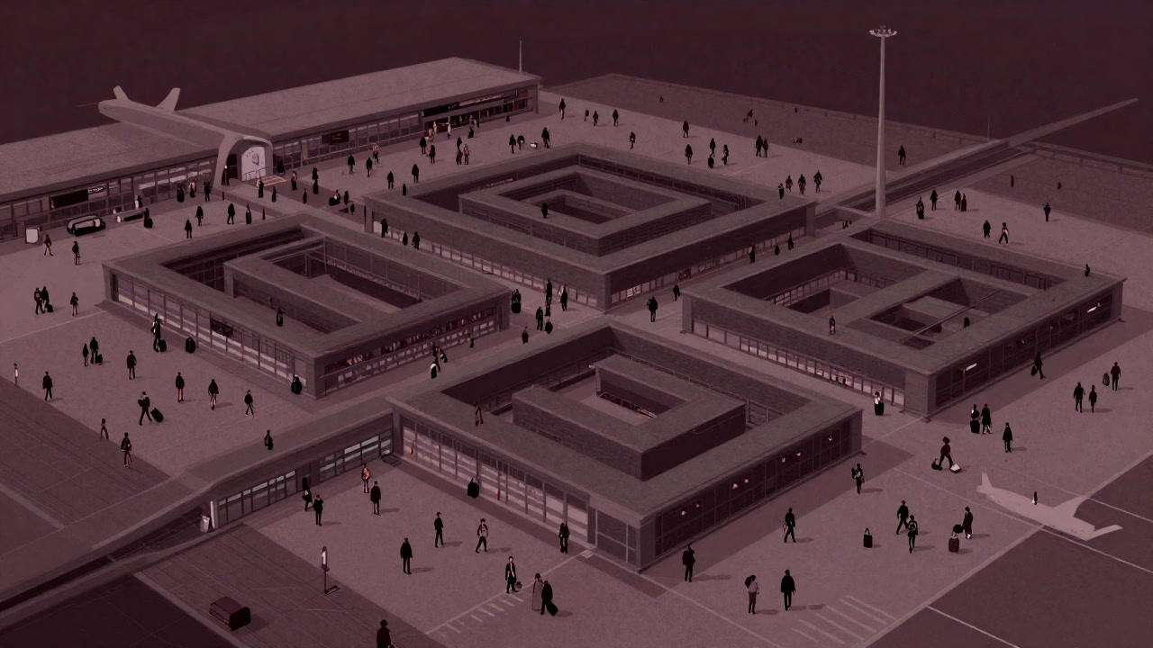 広大なターミナルの中央で無数の旅客が目的地も分からぬまま行き交う様子を俯瞰した画像