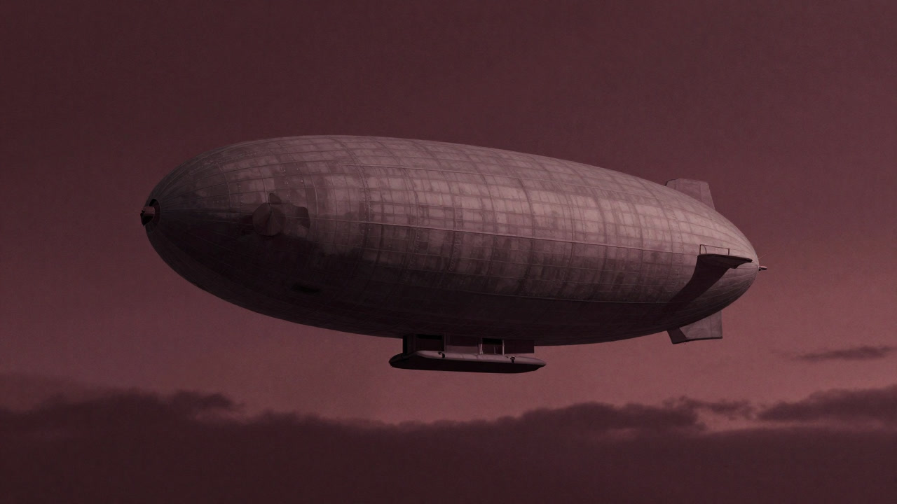 夕暮れの空に巨大な飛行船がゆったりと浮かぶ情景。