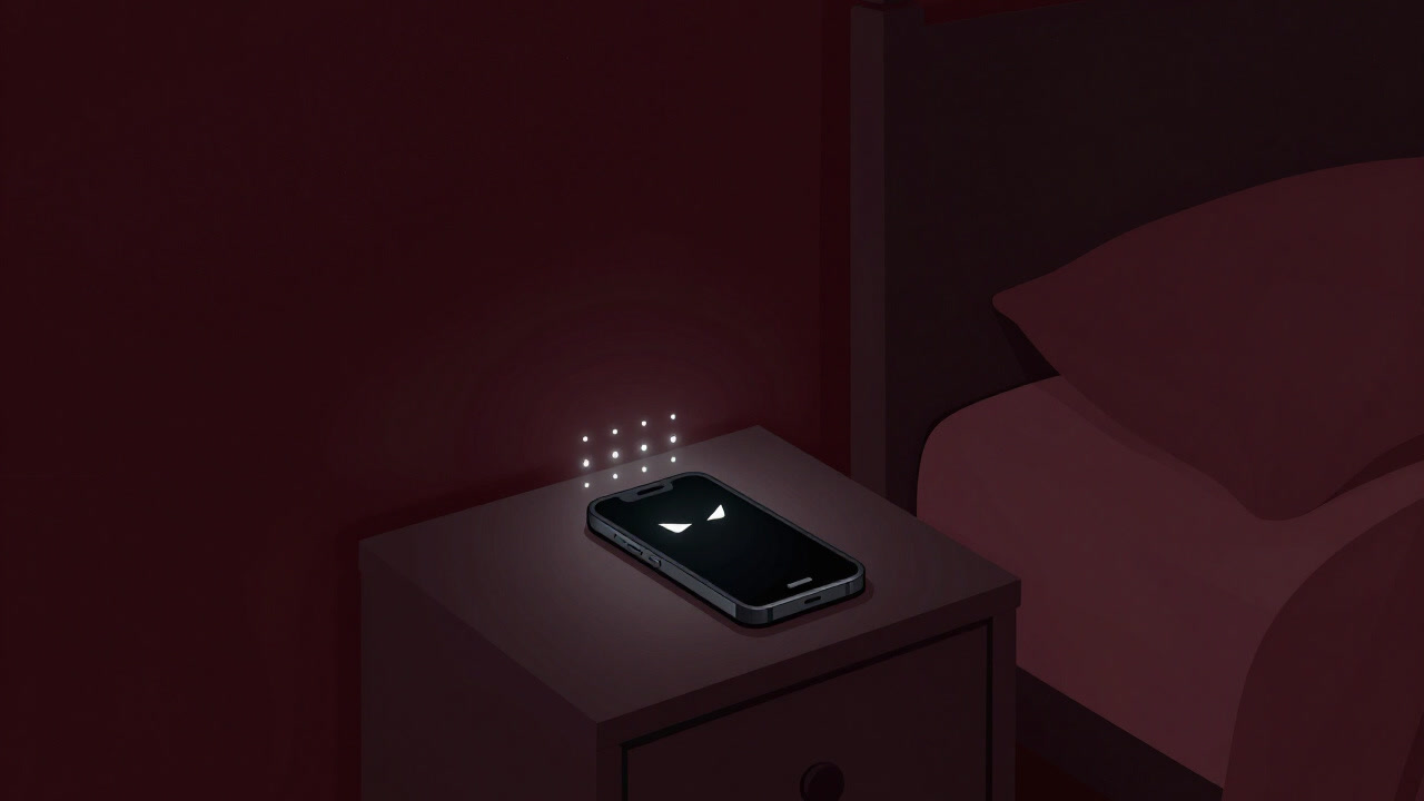 暗い寝室で、ベッド横のスマホが怒ったようにビープを繰り返す様子