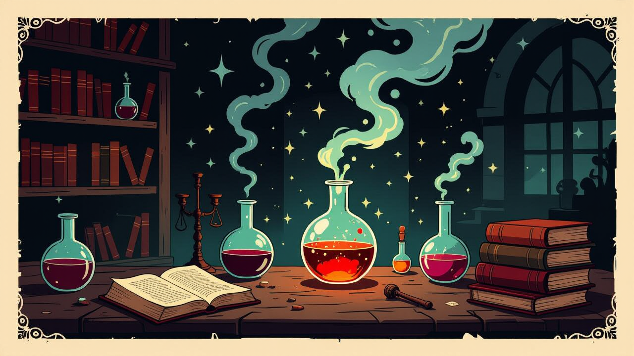Image of an ancient alchemy book with swirling smoke emanating.