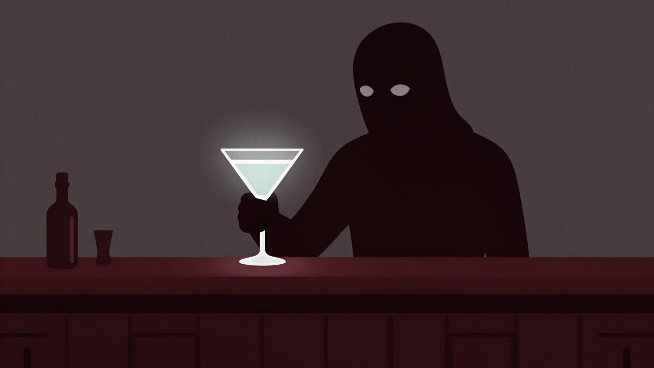 バーのカウンターで赤く輝くグラスを抱え、虚ろな目で見つめる人影の画像