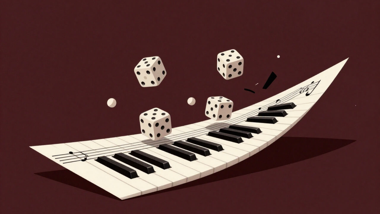 Illustration of dice rolling over a musical score as piano keys collapse in an unstable world