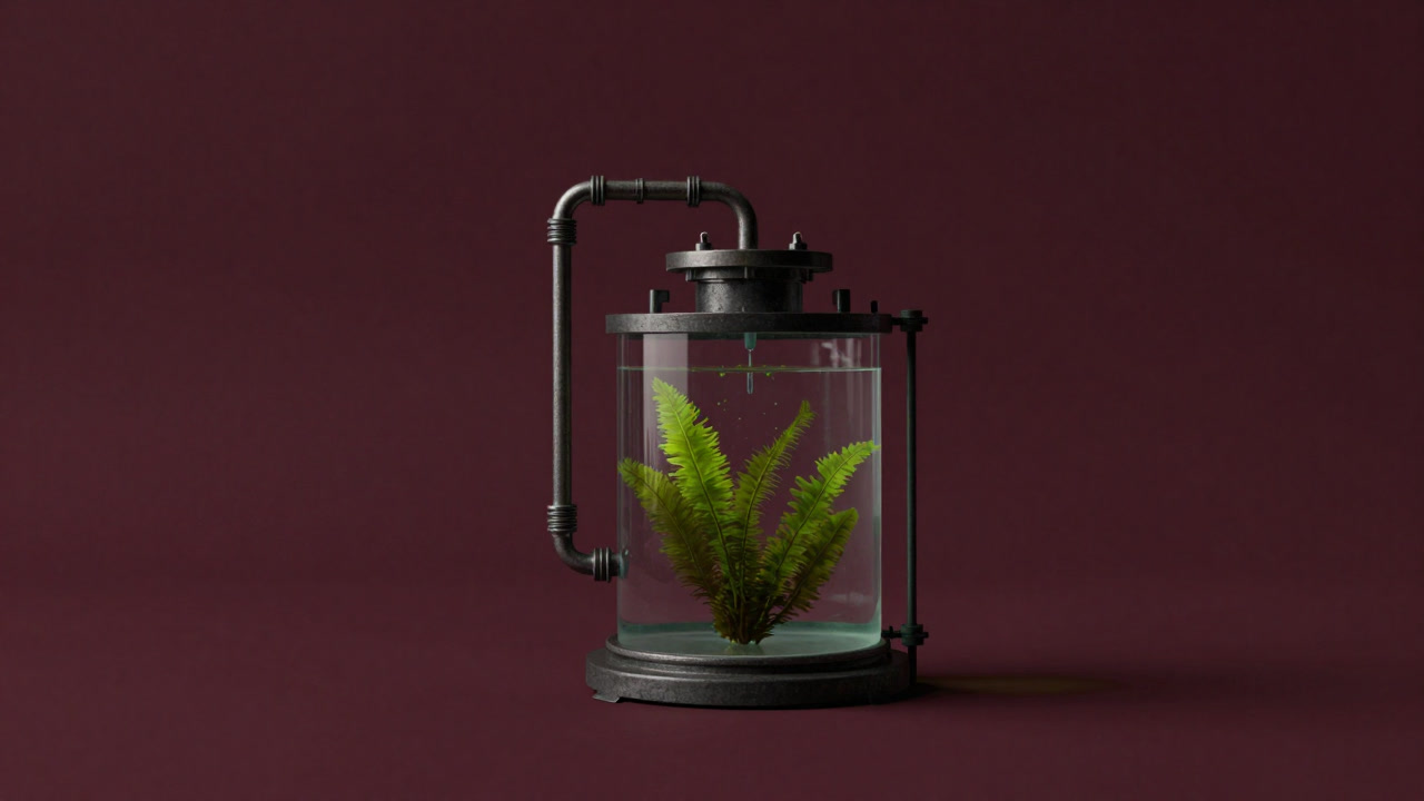 Image of a small reactor in a lab tank with algae floating inside and complex piping around it