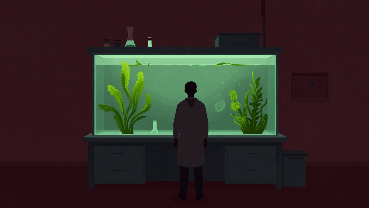 Silhouette of a researcher standing before a tank filled with green liquid culture